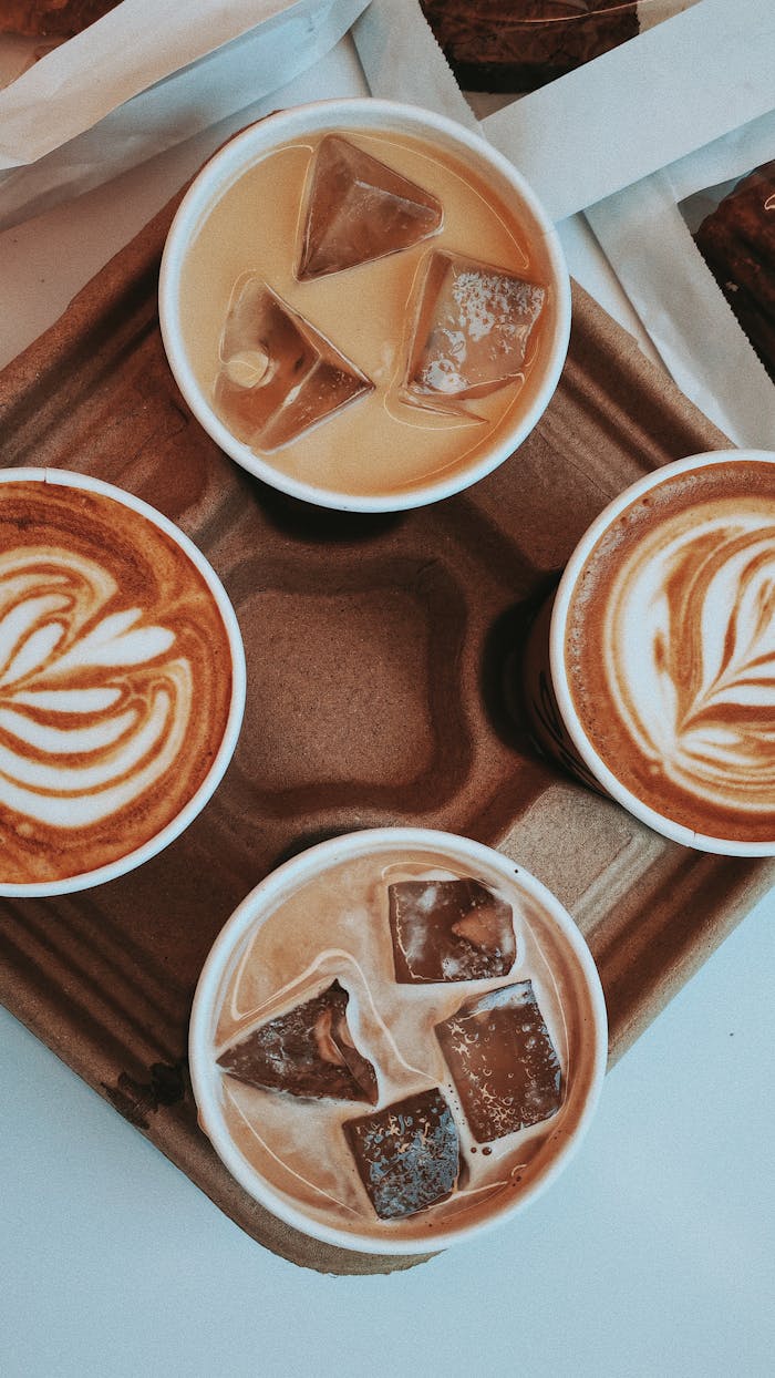 Variety of hot and iced coffees with latte art in a tray, perfect for takeaway.